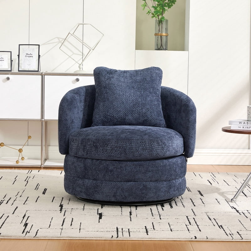 360° Modern Swivel Barrel Accent Chair, Chenille Upholstered Lounge Armchair with Pillow, Comfy Round Sofa Reading Chair for Living Room, Bedroom, Navy