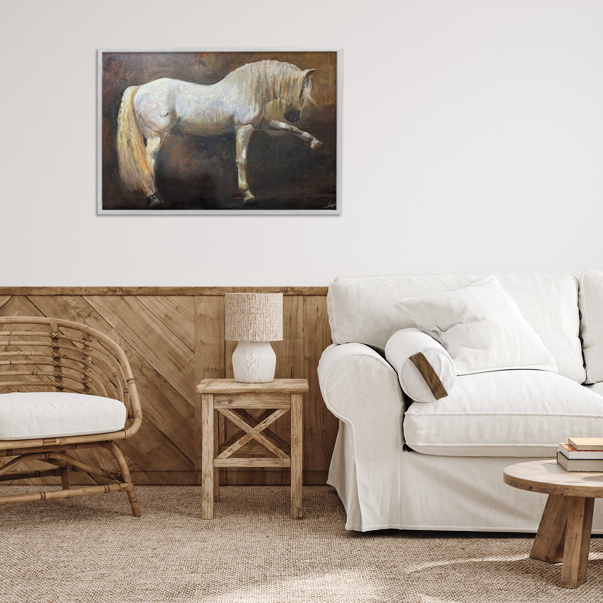 Stupell Industries Elegant White Stallion in Motion Gray Framed Giclee Art, design by Hilary McCarthy