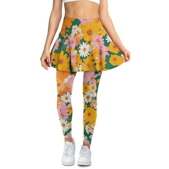 COEQINE Women Fashion Tennis Skirted Legging with Pockets Yoga Elastic Moisture-Wicking Skort Pants Hippie Daisy Floral Green Print Comfy Activewear Ruffle Pleated Leggings with Skirts, XS