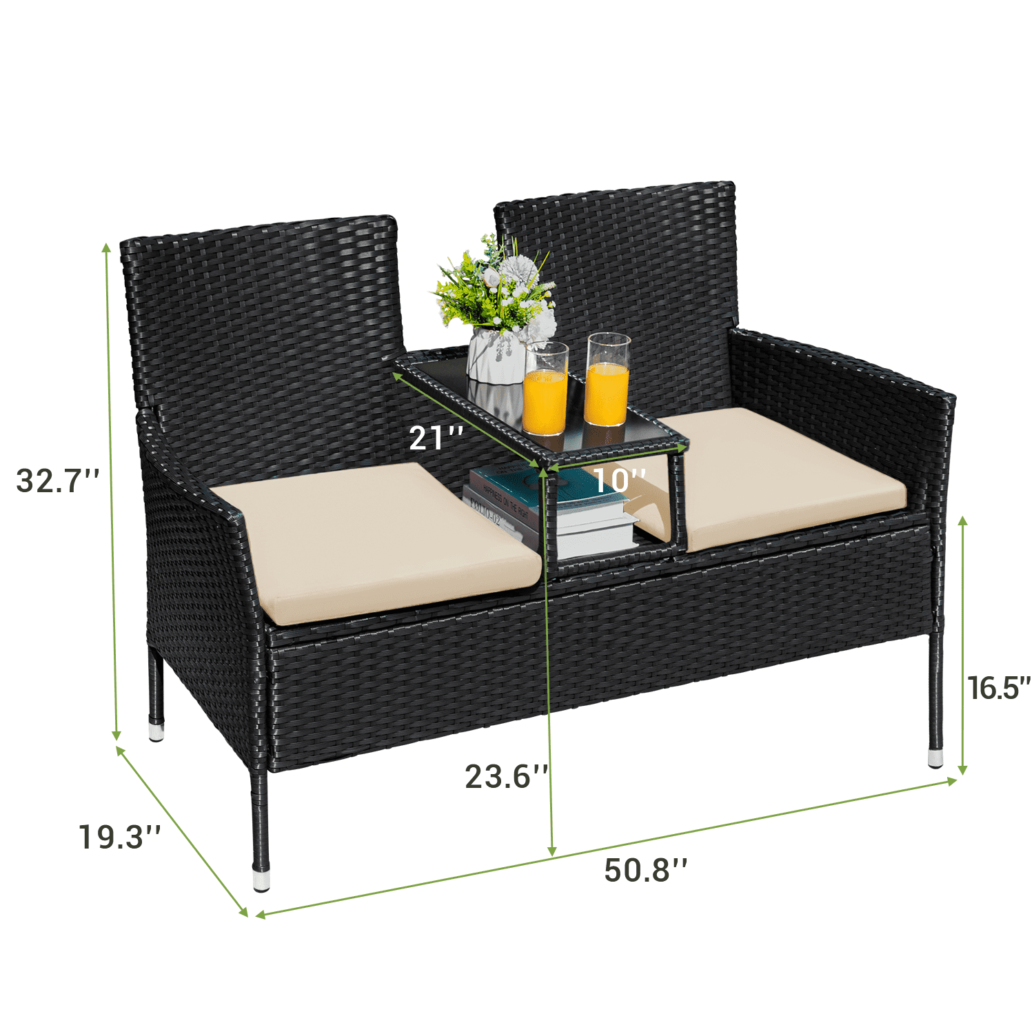 Devoko Outdoor Patio Loveseat Modern Rattan Patio Conversation Furniture Set with Cushions and Built-in Coffee Table Porch Furniture for Garden Lawn Backyard, Beige