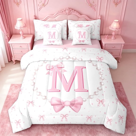 meiyoeat Chic Bow Tie 7 Pieces Full Size Bedding Sets For Bowknot Girls,Pink Initial Letter M Full Size Bed in a Bag For Kids,Pink Reversible