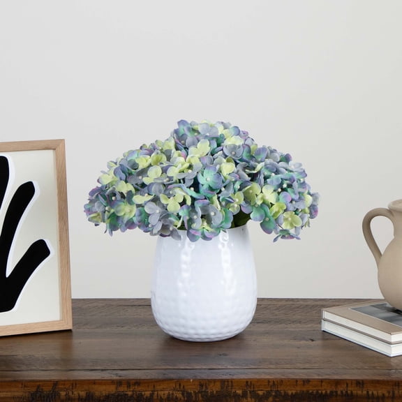 Nearly Natural Floral Hydrangea Artificial Arrangement with Metal Vase - 11" - Blue