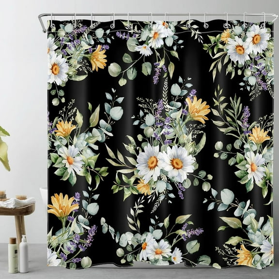 Daisy and Purple Lavender Shower Curtain for Bathroom,White Yellow Floral with Eucalyptus Leaf on Black Fabric Shower Curtain with Hooks,Rustic Nature Bathroom Curtain Shower Set, 72x72 inches