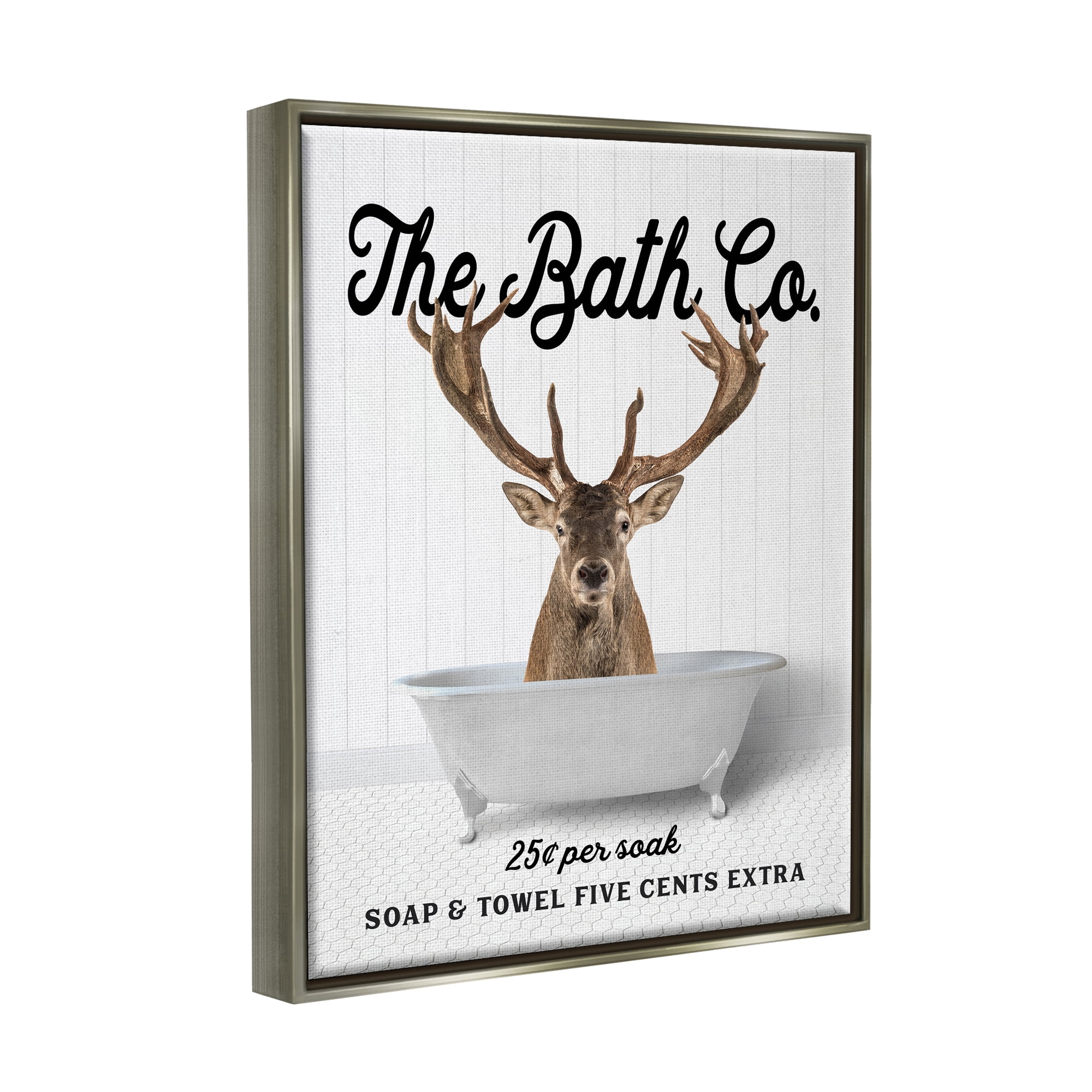 Stupell Industries Vintage Bath Ad Deer Animals & Insects Painting Gray Floater Framed Art Print Wall Art, 17 x 21