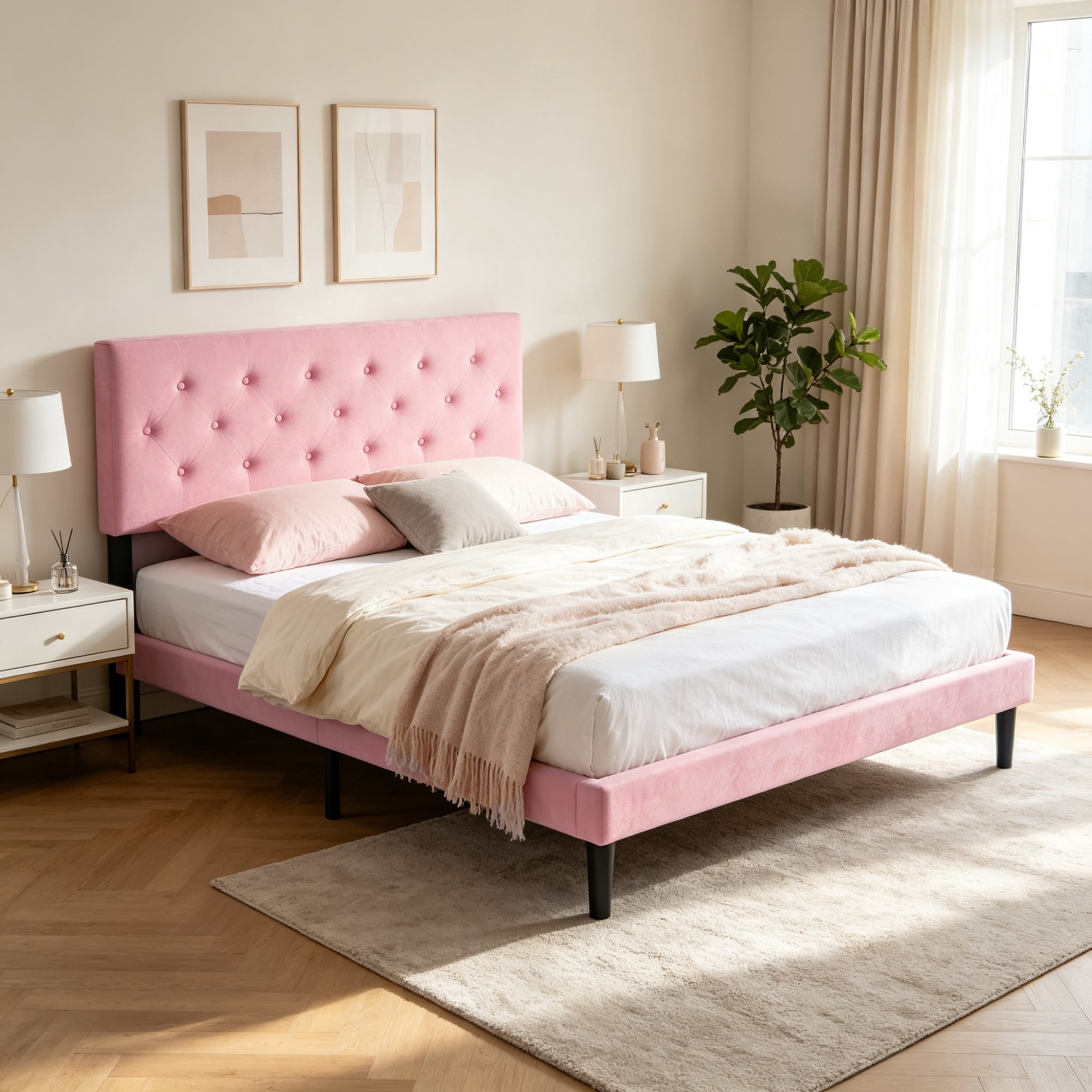 Gewnee Queen Size Bed Frame,Velvet Platform Bed with Upholstered Button Headboard,Modern Bedroom Furniture with Wood Support,No Box Spring Needed,Pink