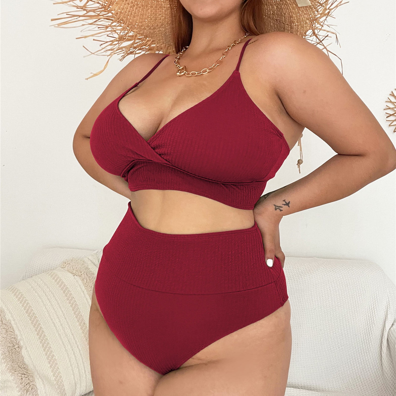 Swimsuits for Older Women AXXD Plus Size Sexy Solid Swimsuit Bikini Set Two Piece Suit For New Trends Red XXXXL 4XL Walmart