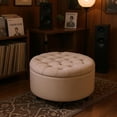 thumbnail image 6 of 28" Round Ottoman, Modern Ottoman with Storage, Tufted Upholstered Footstool with Wooden Legs, Round Coffee Table w/Removable-Top, Chenille Footrest for Living Room, Bedroom, Apartment, Brown, 6 of 9