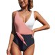 thumbnail image 1 of Traje de baño de una pieza para mujer Bloques de color Traje de baño de una pieza con cuello en V hueco transpirable para playa Rosa M, 1 of 5