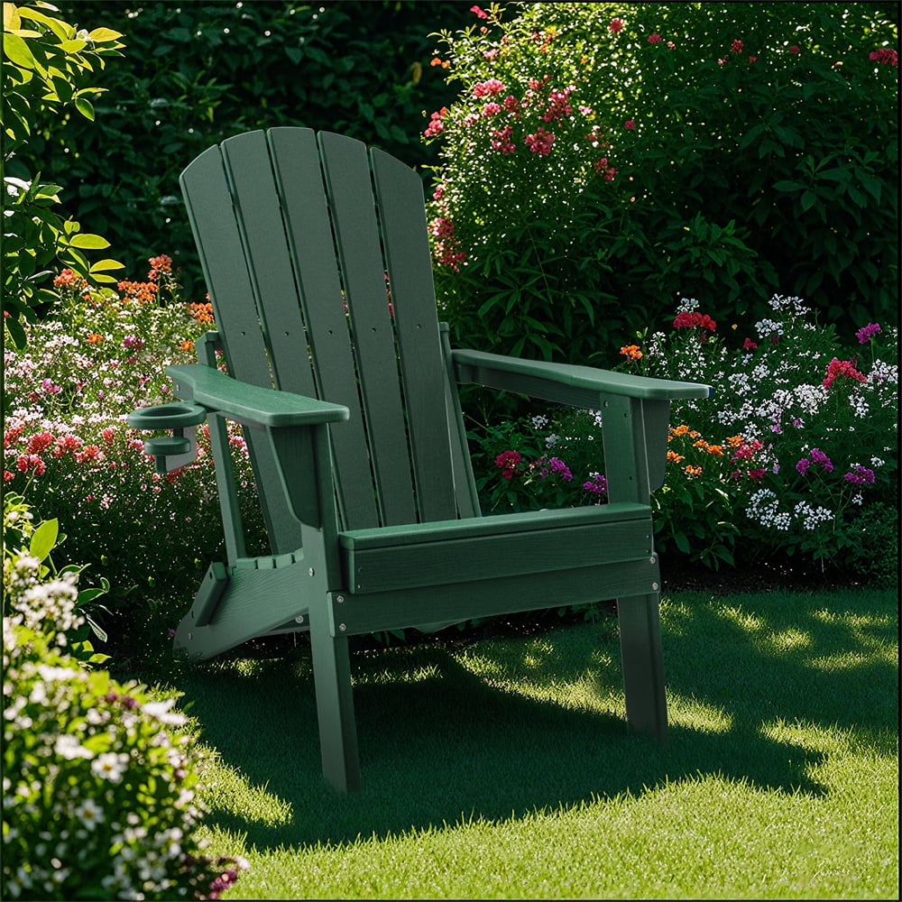 HDPE Folding Adirondack Chair with Cup Holder,Weather-Resistant, Low Maintenance,Supports up to 400lbs,Green