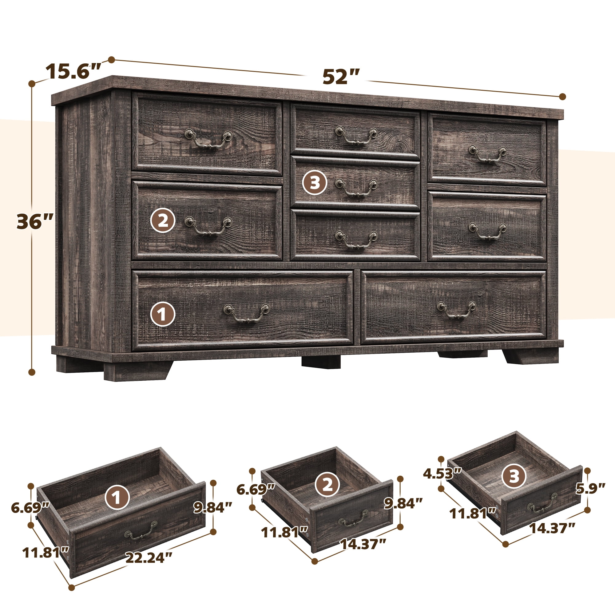 EnHomee 9 Drawers Dressers for Bedroom Wood Dresser&Chest of Drawers,Dark Rustic Oak