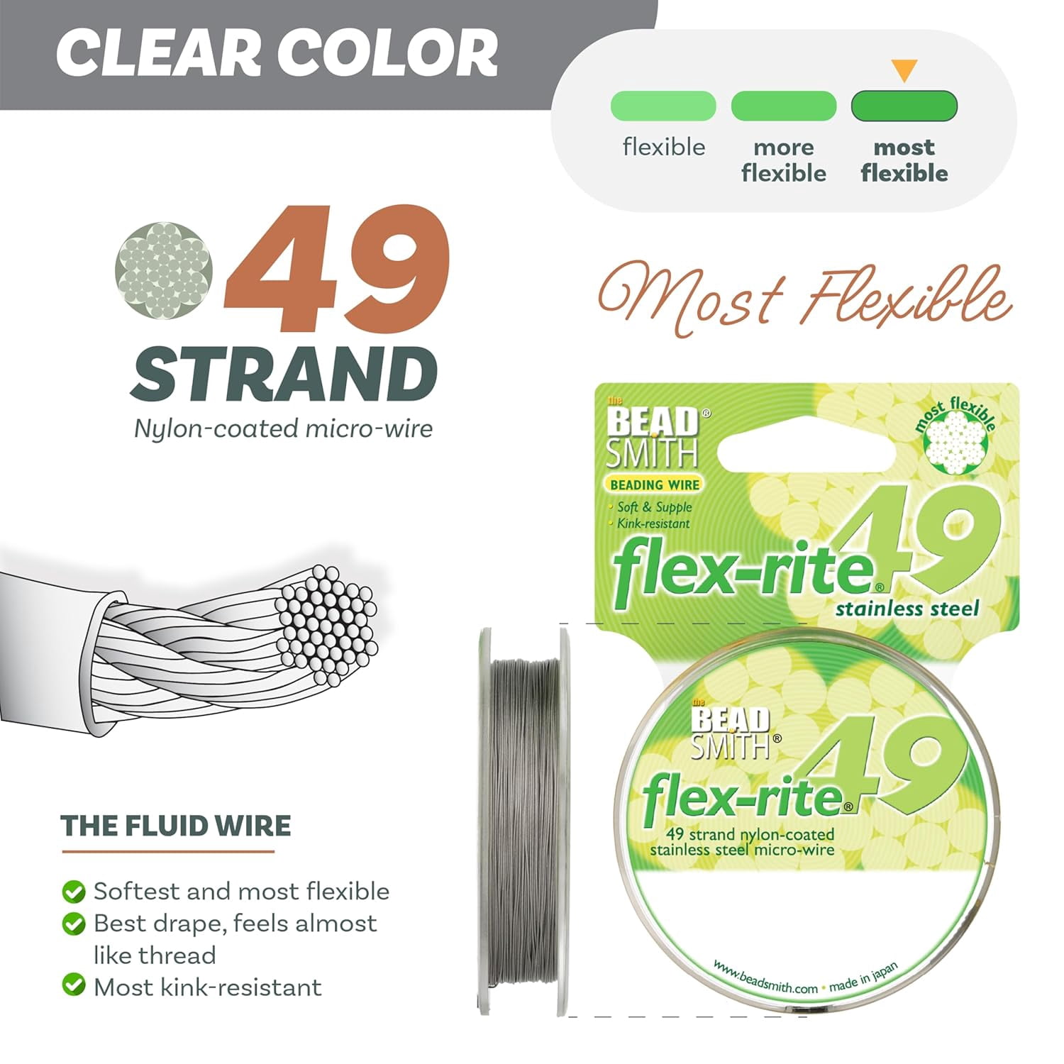 The Beadsmith Flex-Rite Beading Wire - 49-Strand, 0.014" (0.35 mm) Dia, Clear, 100 ft