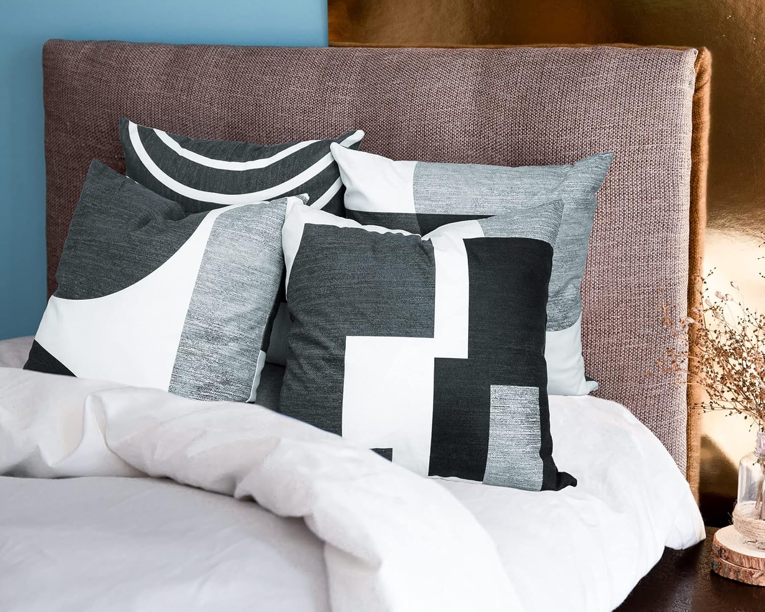 Set of 4 Black and White Throw Pillows for Couch Black Gray White Silver Boho Decorative Pillow Covers Abstract Geometric Modern Pillowcases 20x20 inches for Bed Bedroom.