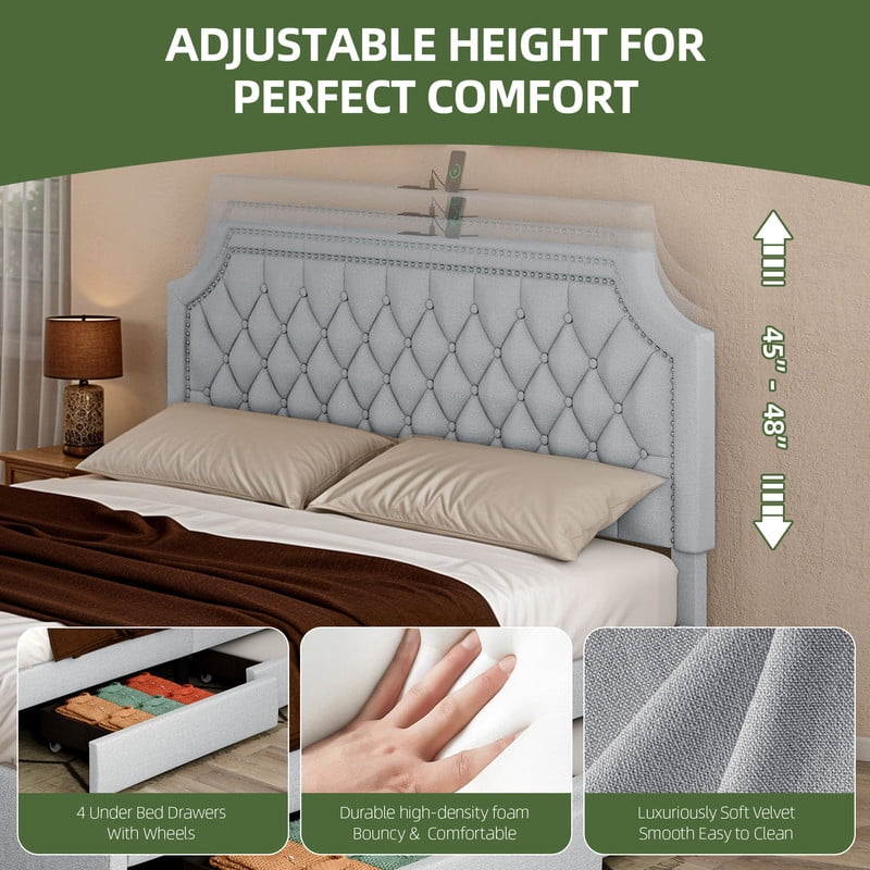 Uforic King Size Bed Frame, Upholstered Bed Frame with Storage Drawers & Adjustable Headboard, Beige