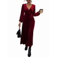 thumbnail image 3 of Robe en Velours à Manches Longues pour Femmes Col en V Vacances Cocktail Fête Semi-Formelle Midi Robes Rouge Vin m, 3 of 9