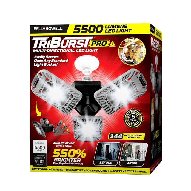 luces de garaje bell and howell triburst 144 bombilla led 60 vatios 5500 lúmenes caja frontal que muestra el TriBurst gris; vista centrada del producto con tres paneles LED articulados 90° sobre una base para casquillo estándar, rótulos que indican 5,500 lúmenes y 144 bombillas, imágenes pequeñas de antes y después y logotipo Bell + Howell. También adecuado para iluminación de taller o porche por su cobertura angular.
