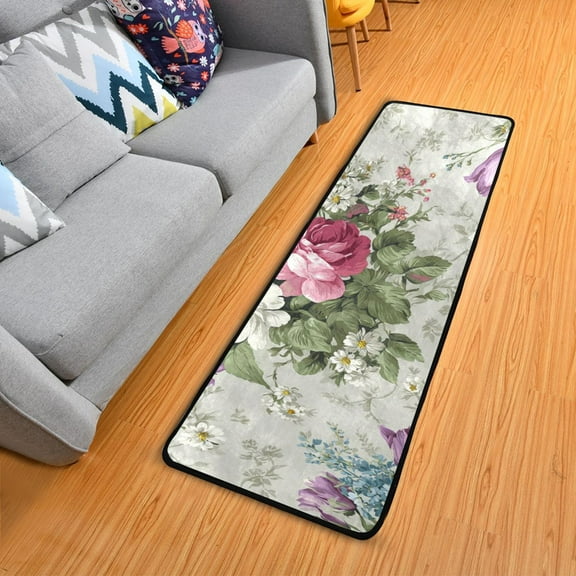 Purple White Pink Florals Vintage Long Floor Mat Runner Rug Area Mat Noise Reduction Water Absorbent Non-Slip 72" x 24"