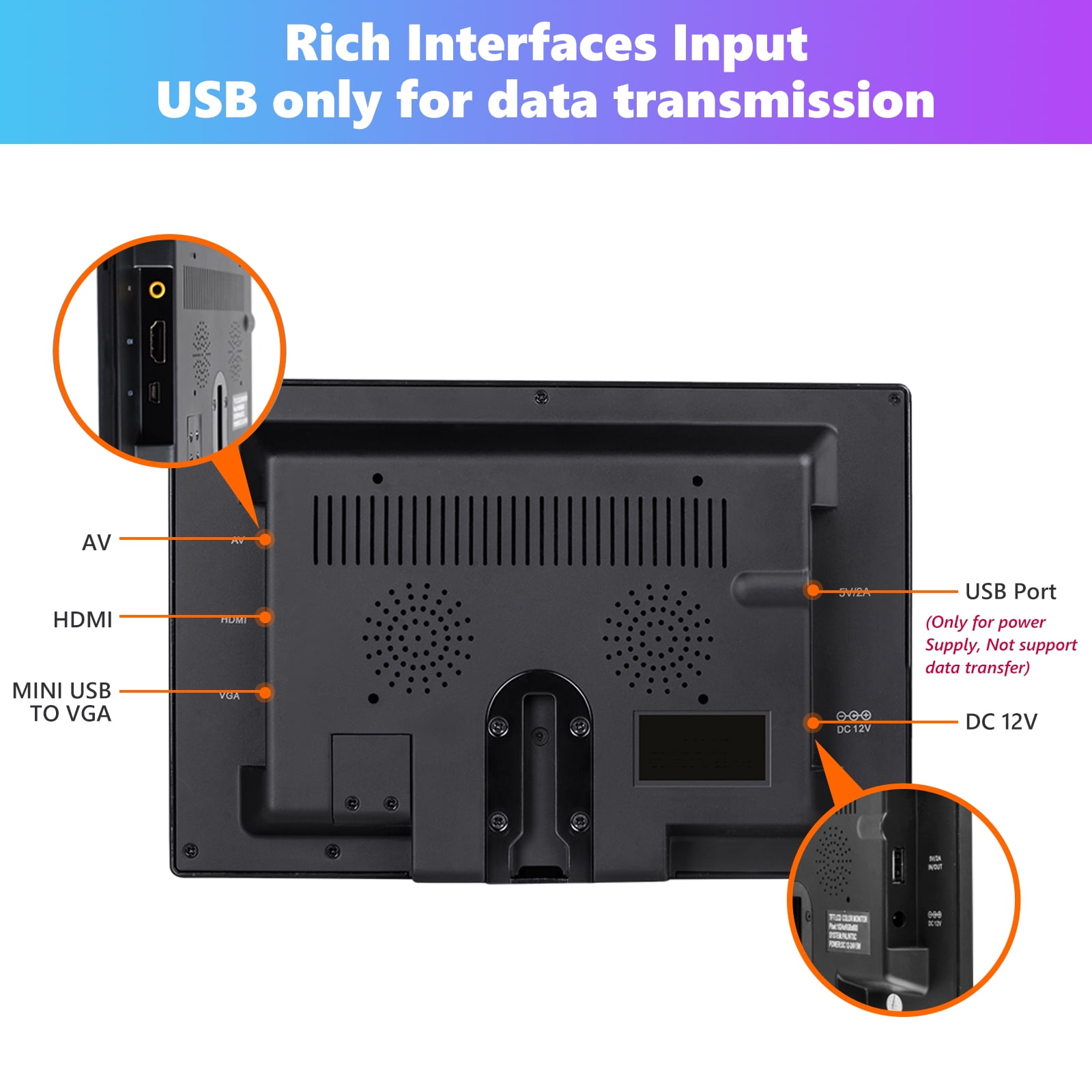 Port VGA/AV/HDMI Alto Orador Integrado con Escala de Visualización 16:9 TOGUARD Pantalla 9 Pulgadas LED Monitor Botones Táctiles Ultrafino en Color Full HD 1024 * 600 