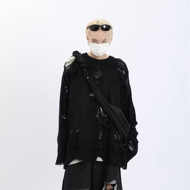 Suéter holgado de cuello redondo para hombre, estilo callejero, de marca de moda de otoño e invierno, holgado, estilo hip hop, con diseño de dos lados rasgado, suéter de nicho