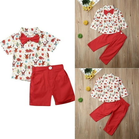 Kds 8 Christmas Christmas Toddler Kids Boys Outfits Bowtie Short/Long Sleeve Shirts Cartoon Tops+Red Long Pants for 1-6 Years Child ()