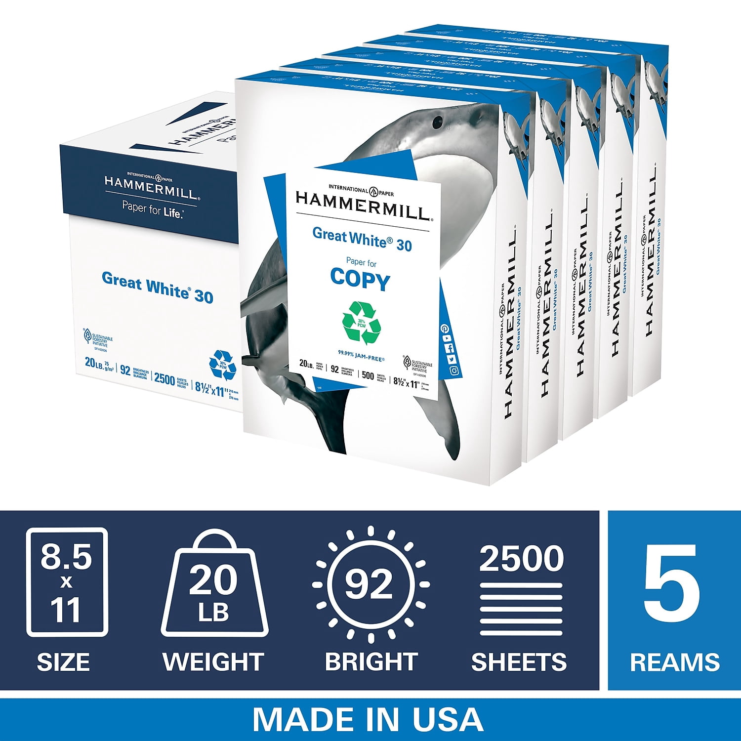 Hammermill Paper, Great White 30% Recycled Printer Paper, 8.5 x 11 Paper, Letter Size, 20lb, 92 Bright - 1 Ream / 500 Sheets (086710R)