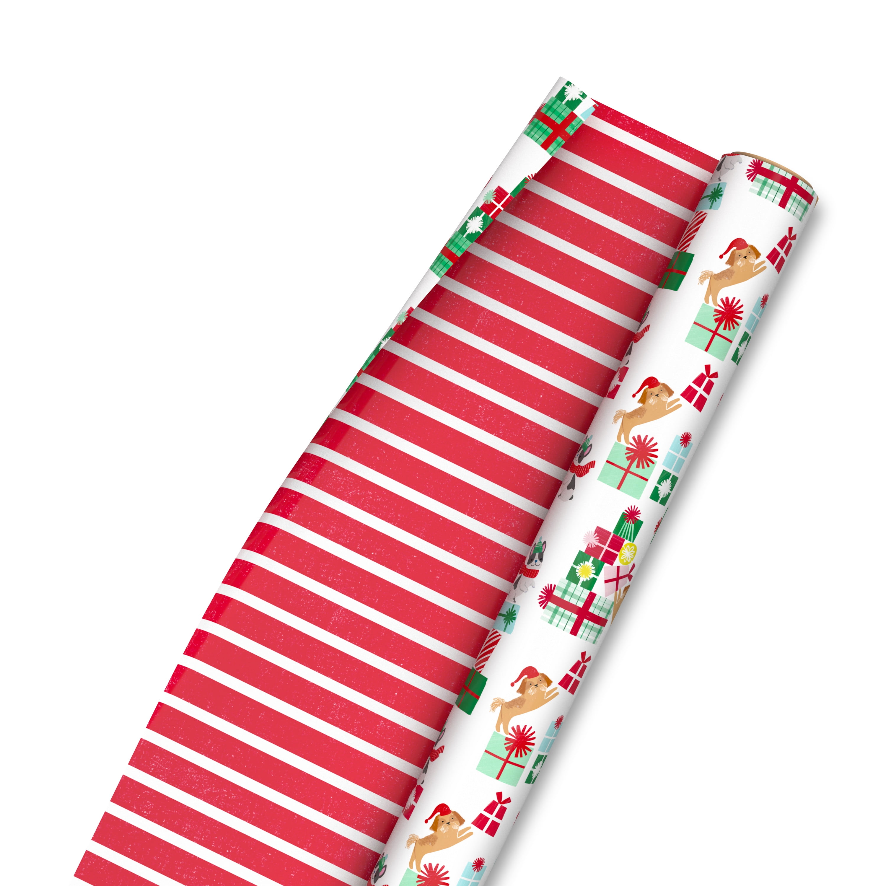 Hallmark Reversible Christmas Wrapping Paper (Pets and Presents/Red Stripe)