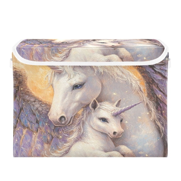 WOBOGO Unicorn Family Large Collapsible Storage Box Flip Lid Fabric Decorative Organizer Container Basket with Handles 16.5×12.6×11.8in