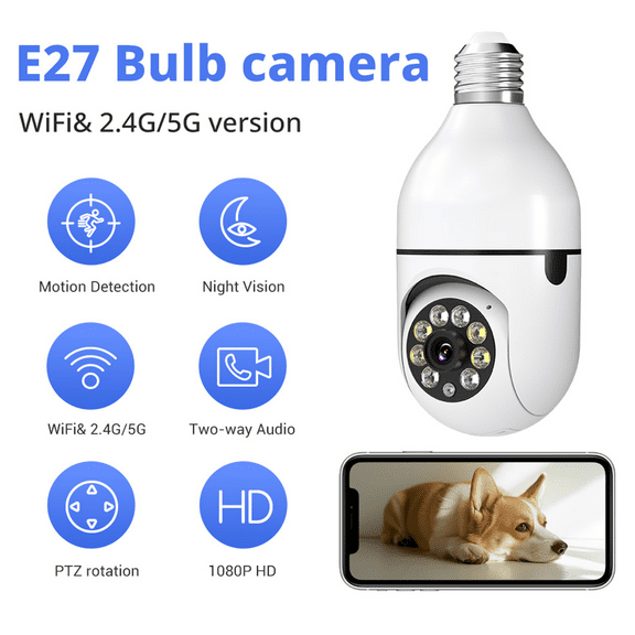 5G/2.4GHz Light Bulb Security Camera 1080P Security Cameras Wireless Outdoor Indoor 360°Color Night Vision, Motion Detection, Audible Alarm, Two-Way Talk, Easy Installation