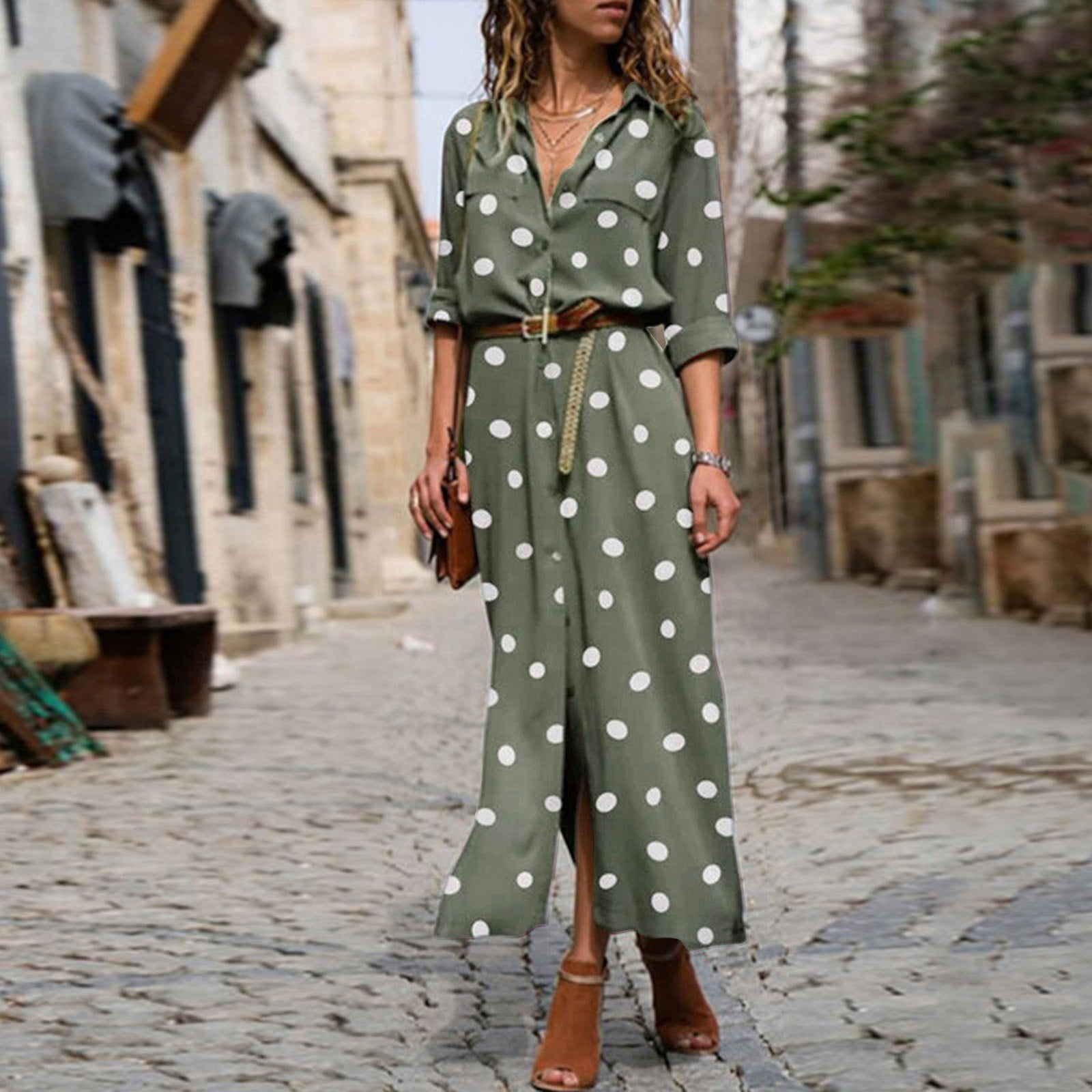 UANWENN Summer Polka Dot Print Maxi Dress Women's Button Slit Long - Main Image