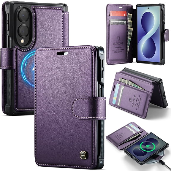 Dteck Wallet Case for Samsung Galaxy Z Fold 8, Compatible with MagSafe, PU Leather Flip RFID Blocking Card Holder Cover,Purple