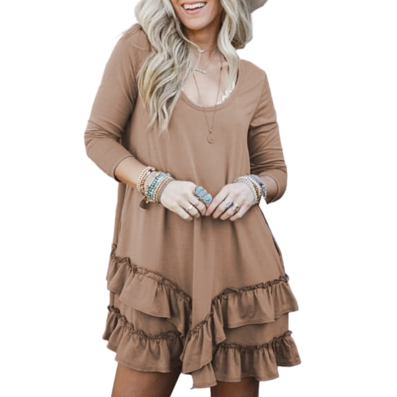 Women's Goat Color Scoop Neck Tiered Ruffled Hem Long Sleeve Mini Dress | [ZhiHiMeRi] | (US 12-14)L