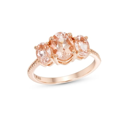 14K Rose Gold Plated Sterling Silver 3 Stone Treated Morganite & White Topaz Gemstone Ring