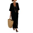 thumbnail image 3 of KHONTS Women's 3/4 Sleeve Summer Maxi Dress Plus Size Casual Linen Flowy Beach V-Neck Dress with Pockets Black S, 3 of 8