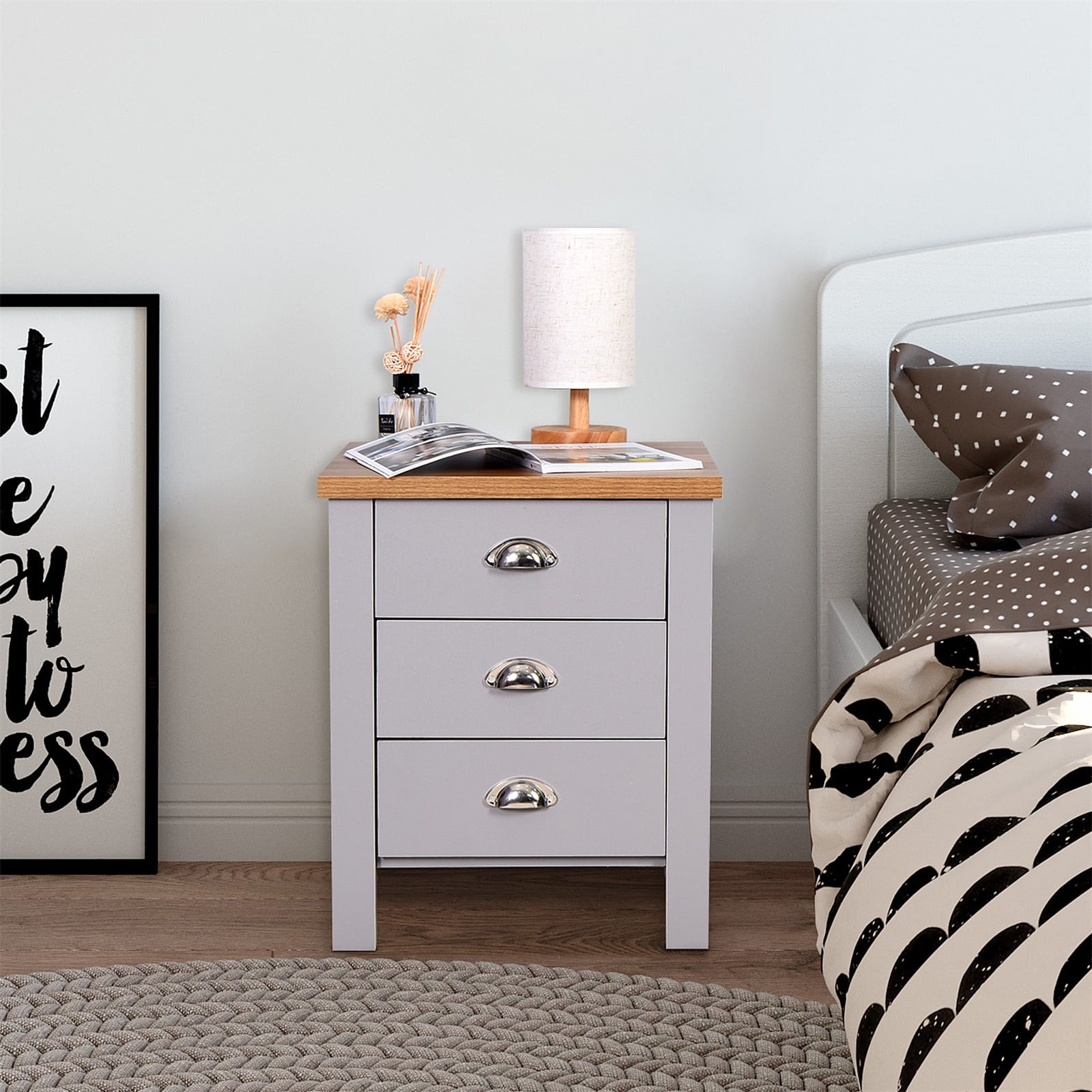 3-Drawer Nightstands & Bedside Tables, Modern Storage Cabinet for Bedroom, Grey