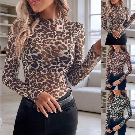 SXCXLSA Women's Sexy Leopard Print Mesh Bodysuit, Neck Lettuce Trim Sheer Tight Fitting Top, Long Sleeve See-Through T-Shirt, Stylish Clubwear Party for Ladies, Animal Print, S-XXL