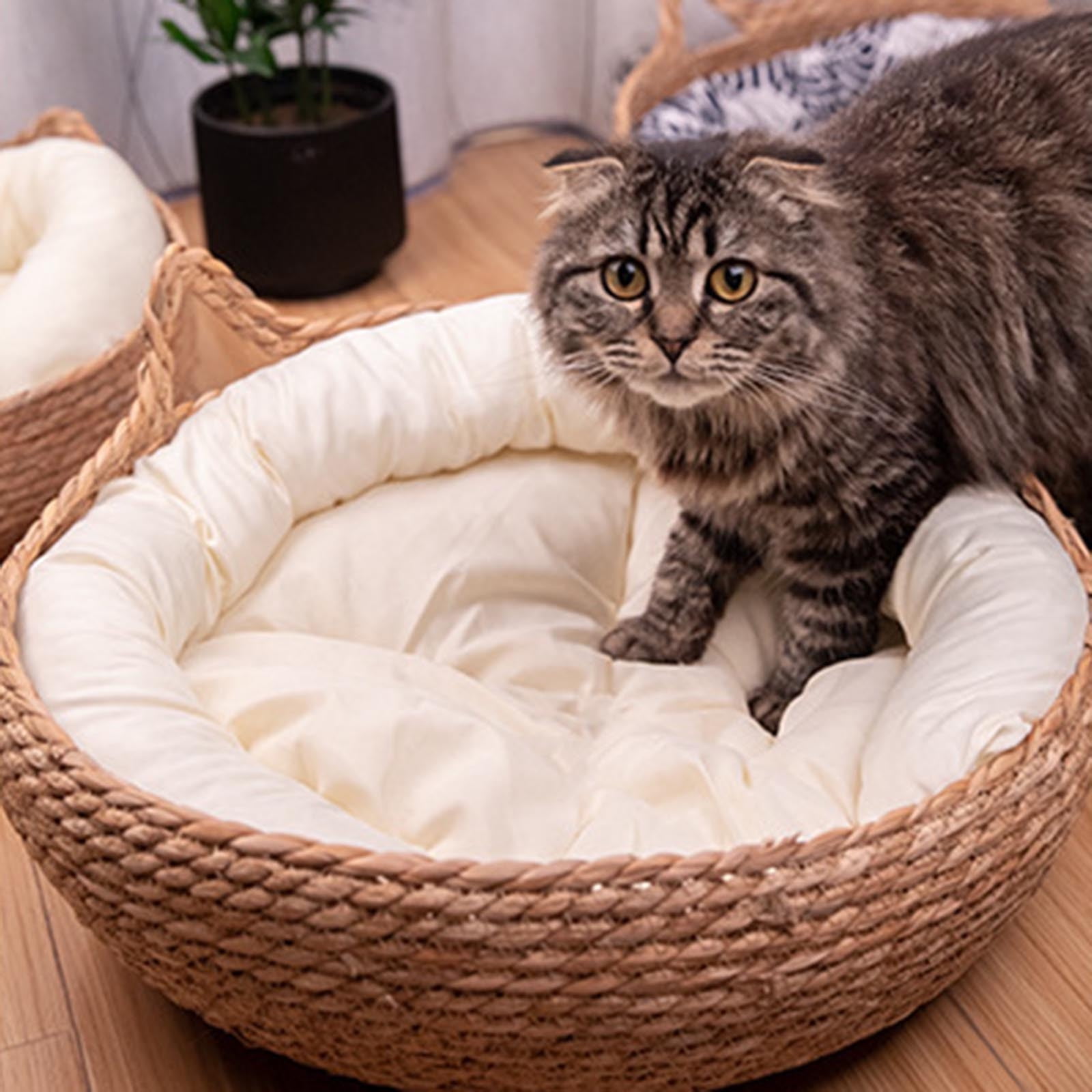 Woven Straw Cat Bed - 2025 New Natural Rattan Round Pet Basket, Cooling Cat House & Small Dog Bed, Furniture Protective Scratch Mat for Indoor Pets