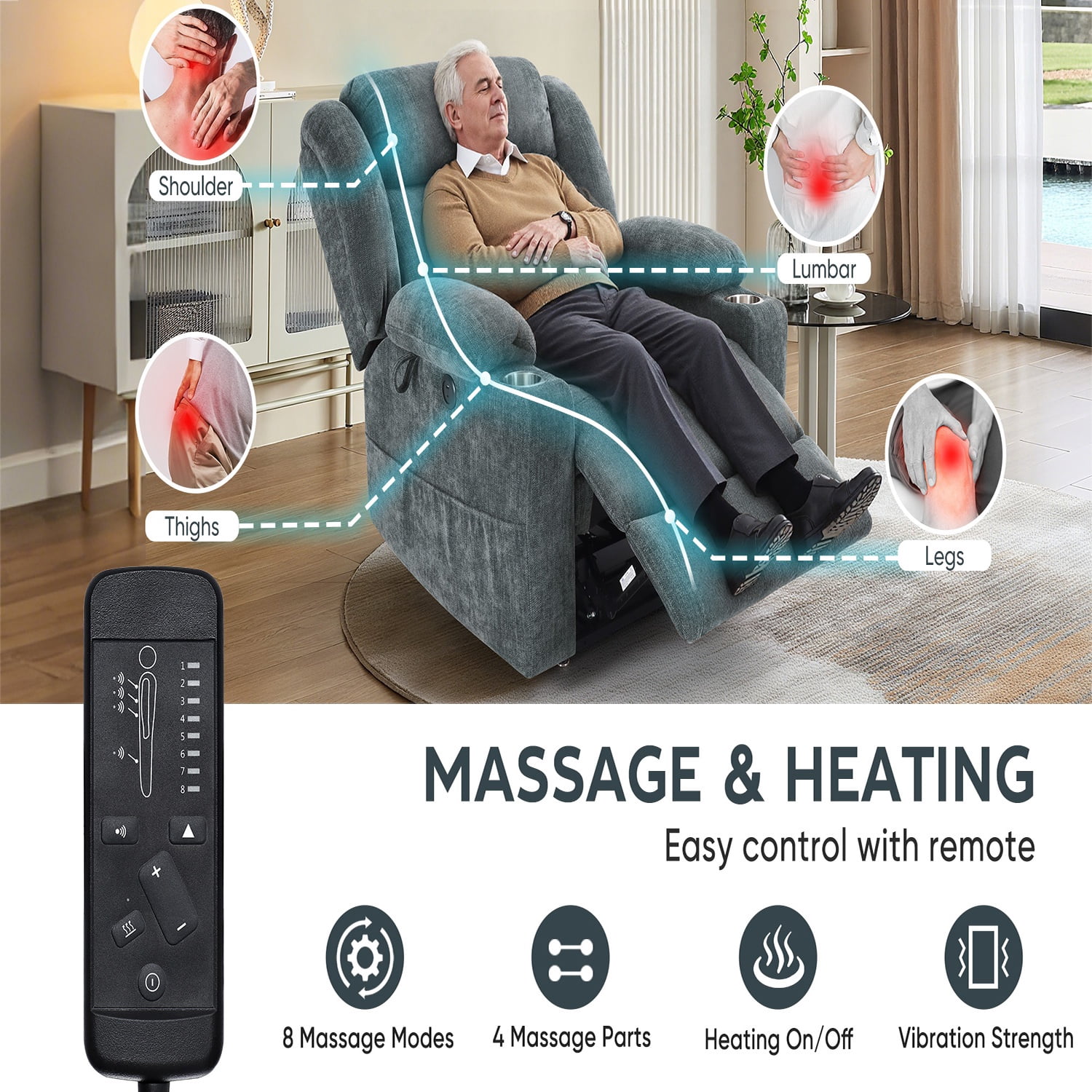 JULY'S SONG Power Recliner Chair with Heat and Massage, Dual Motor Lift Chairs for Elderly with Cup Holders, Oversized Recliners for Adults with USB & Type-C Ports, Grey Blue