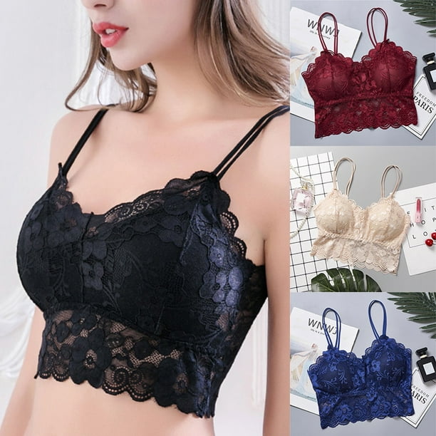 Women's Lace Underwear Wire Free Bra, Lady Padded Lace Kiss Bralette, Sweetie Soft Bra, Lace Bra Floral Breathable Bralette, Free Lace Sexy Bra, One Three Quarters Cup, Black -