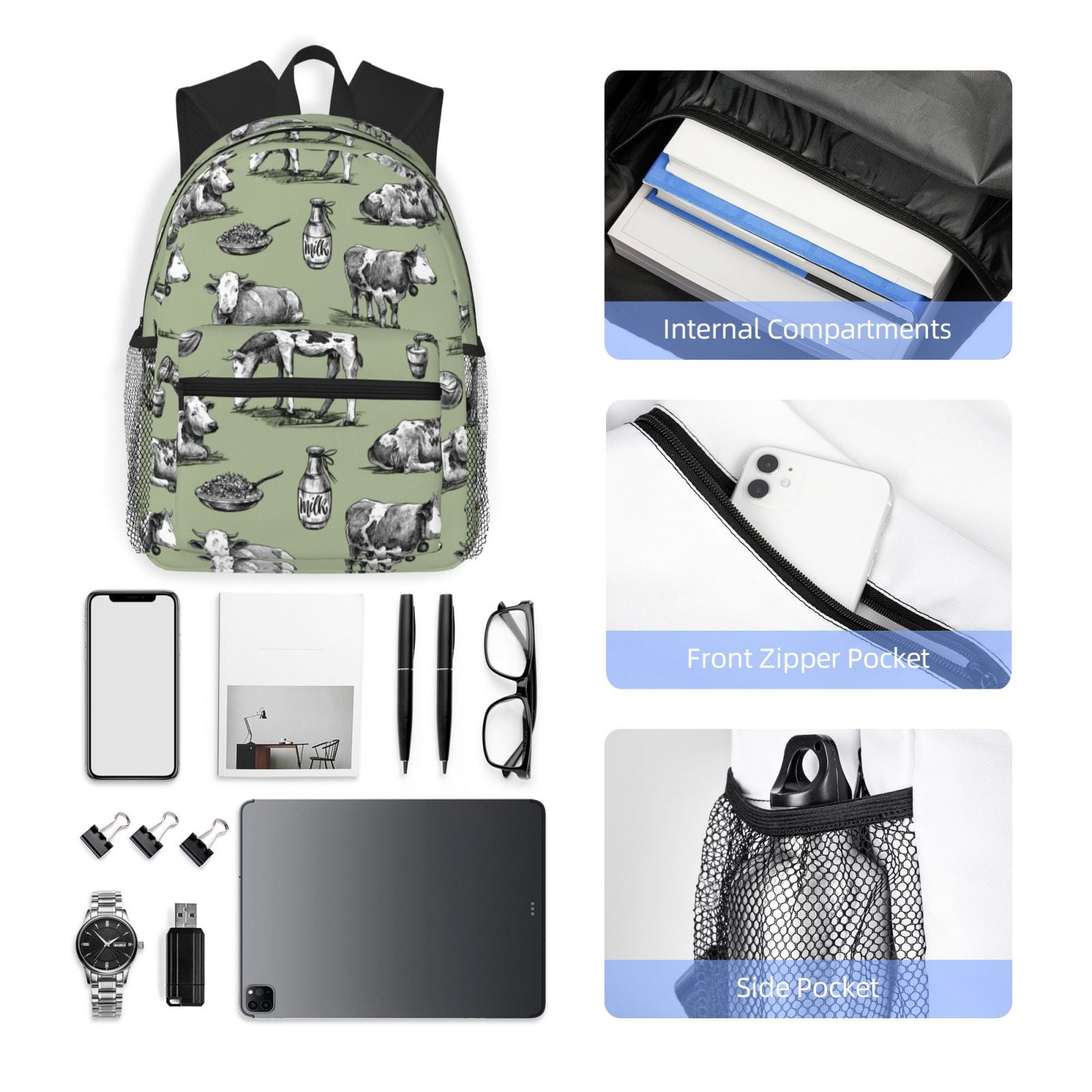 Ratiio Farm Cows Print Casual Backpack for Men and Women, Water Resistant Oxford Fabric School Bag Lightweight Travel Daypack