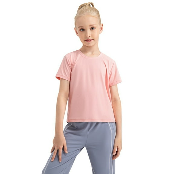 GYRATEDREAM Girls Short Sleeve Dry-Fit Crew Neck Active Athletic Performance T-Shirt for Kids 5-12 Years