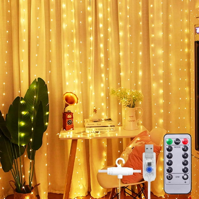 GFDYREE Window Curtain String Light 300 LED 8 Lighting Modes Fairy Lights Remote Control USB Powered Waterproof Lights for Christmas Bedroom Party Wedding Home Garden Wall Decorations, (Warm