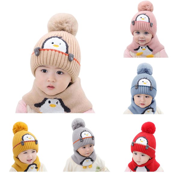 Oiyii Toddler Boy's Plush Beanies Printed Penguin Outdoor Bomber Hats Fall Winter Cap, Khaki