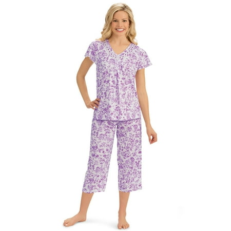 - Women's Short Sleeve Floral Lace Trim Capri Pajamas Set, Medium, Lilac