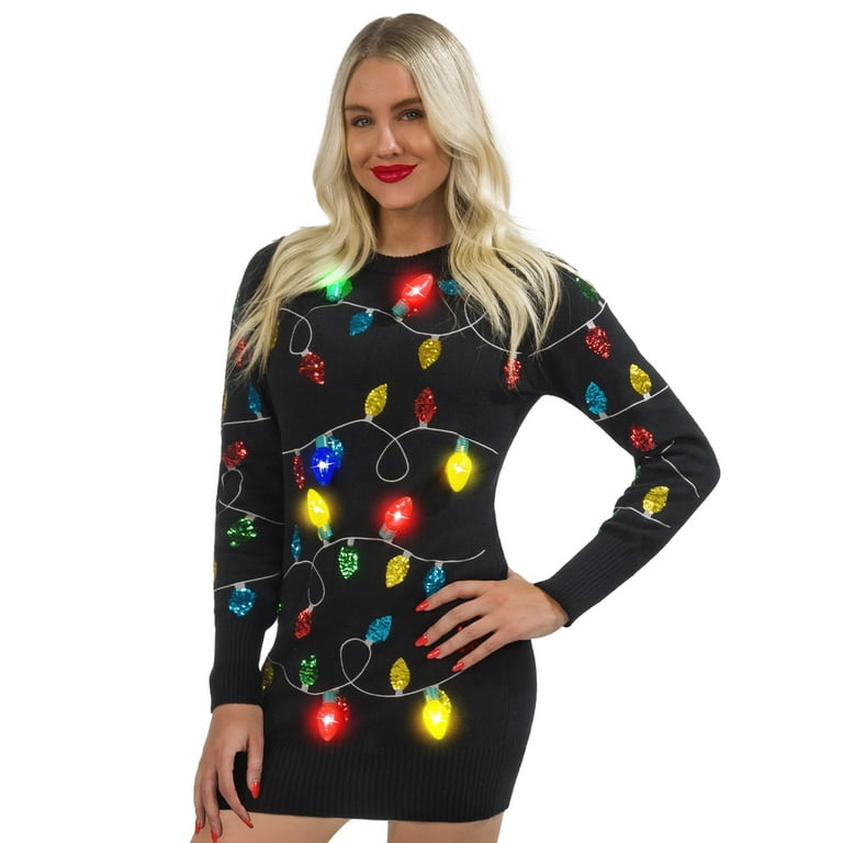 womens christmas sweater dress Women Black Long Ugly Christmas Sweater Dress with Colorful Light Up Bulbs main image 1