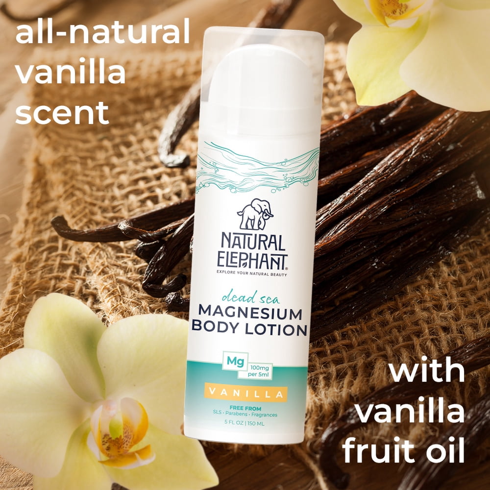 Natural Elephant Dead Sea Magnesium Lotion – Vanilla Scented Body Moisturizer | Topical Magnesium with Dead Sea Minerals – 5 oz (150 ml)