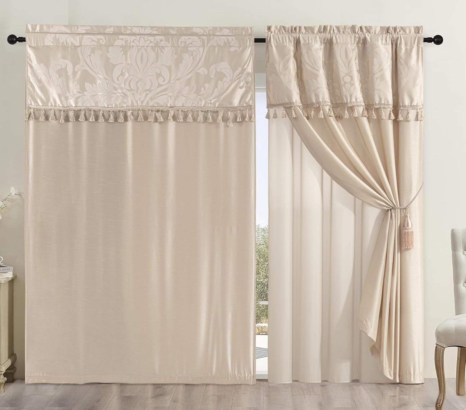 Chezmoi Collection Royal 4-Piece Jacquard Floral Window Curtain Set, Champagne