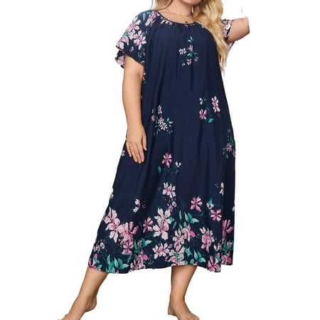 

Casual Floral Round Neck Sleepshirts Navy Blue Short Sleeve Plus Size Nightgowns & Sleepshirts