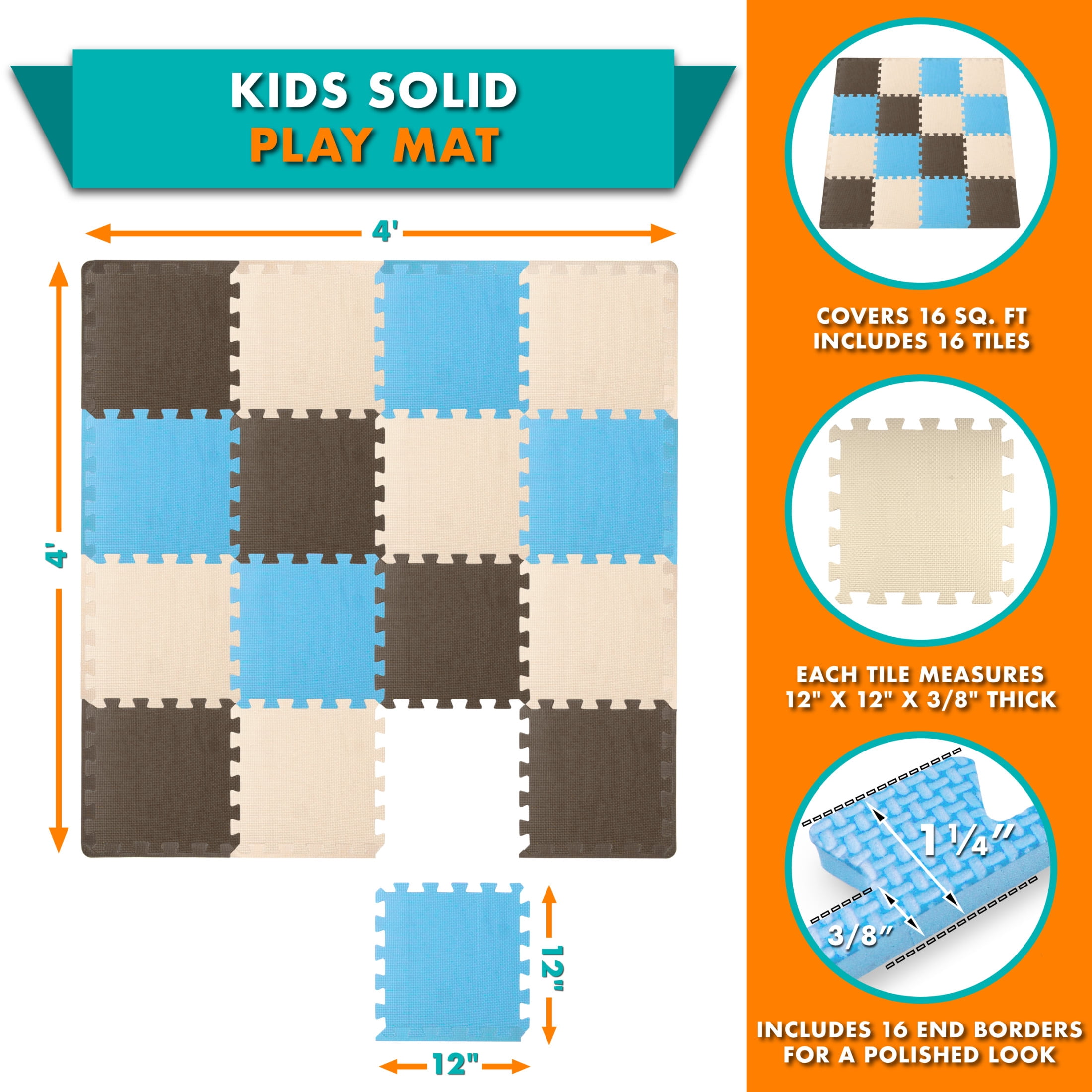 ProSource Kids Solid Colors Foam Puzzle Floor Play Mat, 36 or 16 tiles