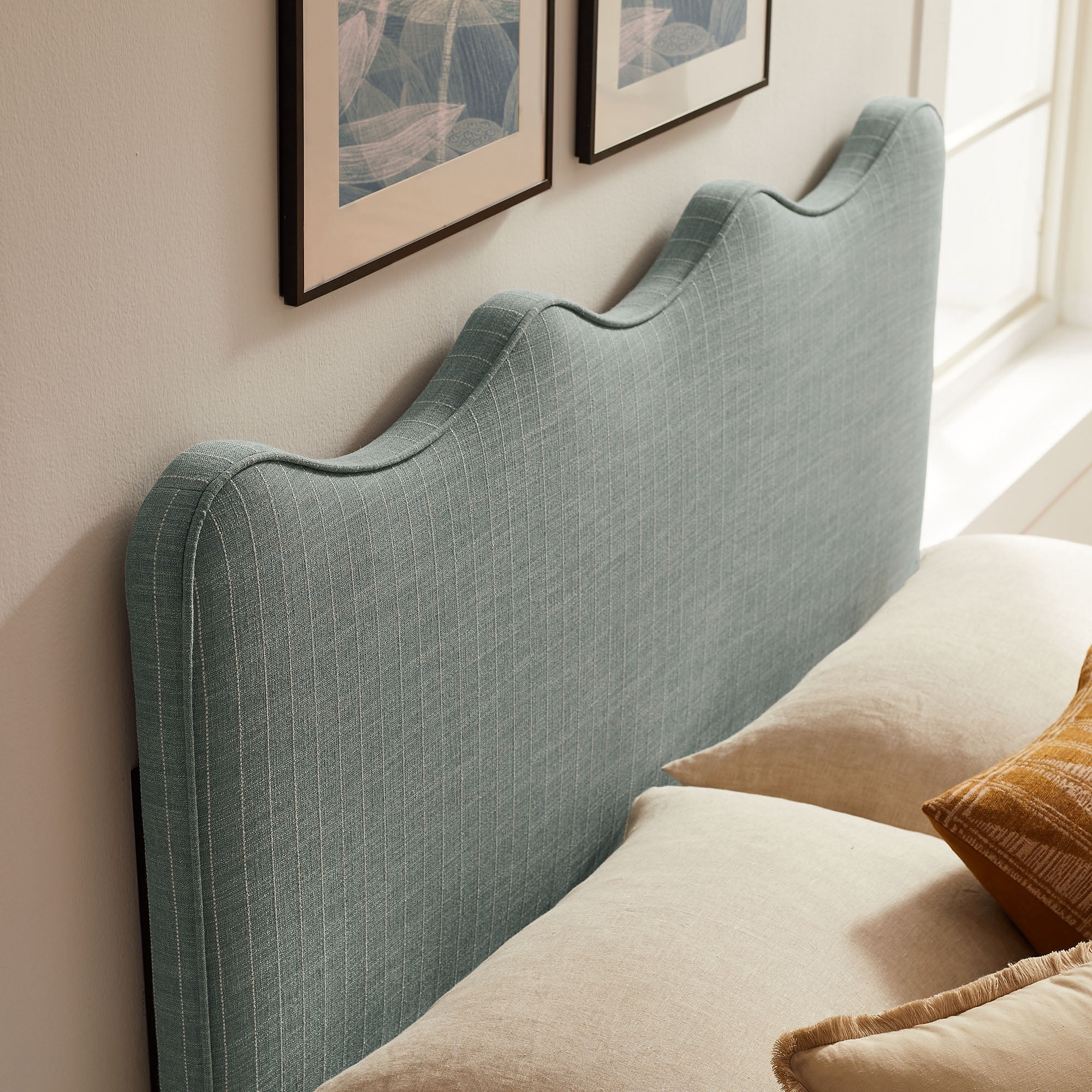 Athena Striped Fabric Upholstered Queen Size Headboard in Spa Blue Stripe