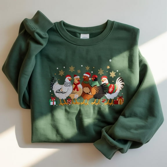 Christmas Chicken Embroidered Sweatshirt, Funny Farm Animal Embroidery Shirt, Merry Christmas Shirt, Merry And Bright Hoodie, Winter Gift