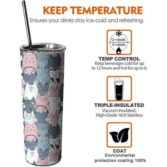Cute Cat Tumbler with Handle and Straw, 20oz Stainless Steel Insulated Cup with Lid and Straw, Travel Mug Water Bottle, Gifts for Women